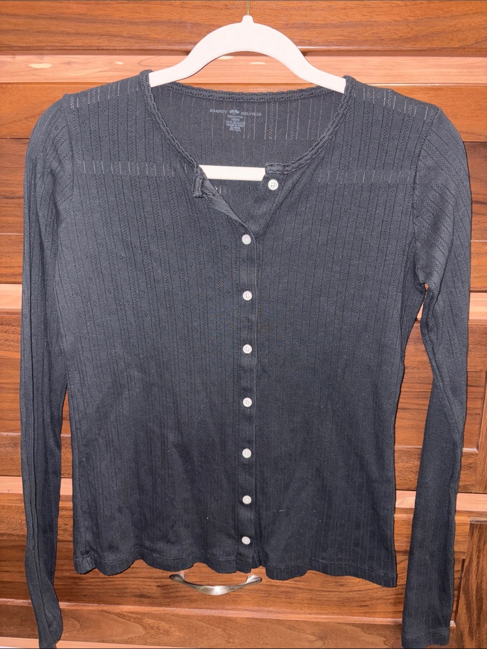 Brandy Melville Black Ribbed Button-Front Long Sleeve Top